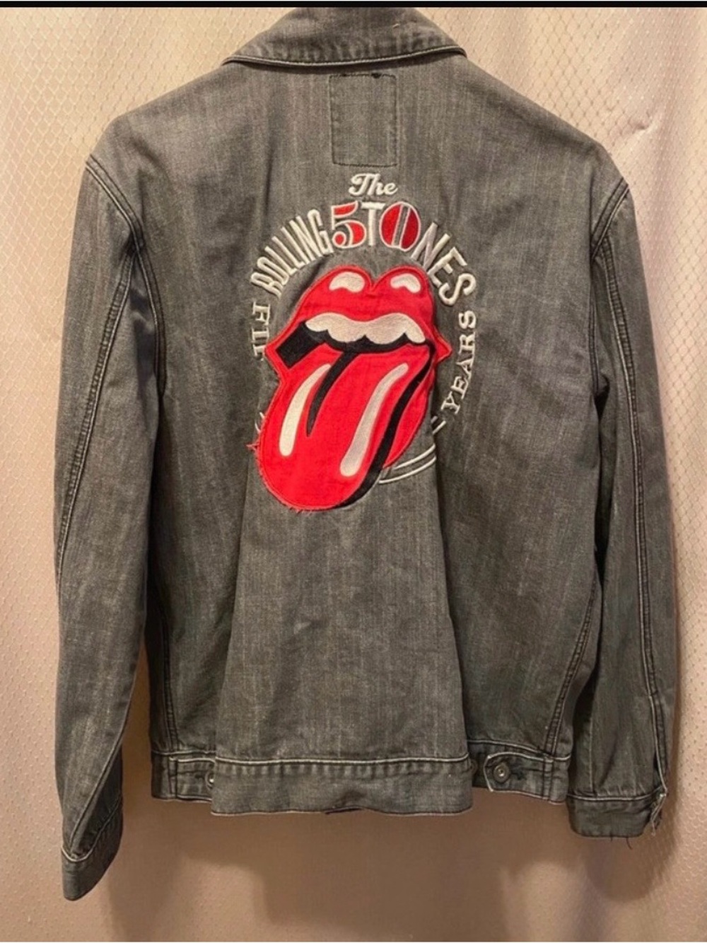 the Rolling Stones Grey Denim Jacket with Red Tongue Patch